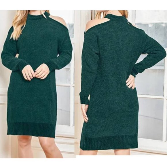 Lulus Emerald Green Cold Shoulder Sweater Dress - Picture 3 of 5